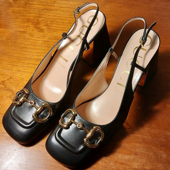 GUCCI Black Midheel Slingback Leather Pumps w/ Block Heels Horsebit Size 40 / 10 - Picture 7 of 8